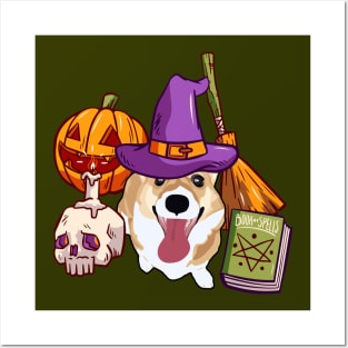 Halloween Corgi Witch - Broom Posters and Art